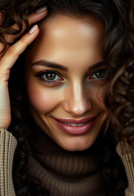 macro close-up shot of a cute  women smiling (combing her hair with her hands:1.2) looking at viewerseductively, luxurious looking turtleneck, extremely long curly hair, seductiveconfident, skin pores, imperfections, natural, beautiful eyes, dark skin, black skin, (big hair), perfect teeth, (freckles:1.2), velus hairs, 100mm f/2.8 macro lens,, film grain, candid camera, color graded cinematic, 1960s vintage RAW photo, eye catchlights, catchlights in eyes, dramatic lighting, atmospheric lighting, rembrandt lighting,