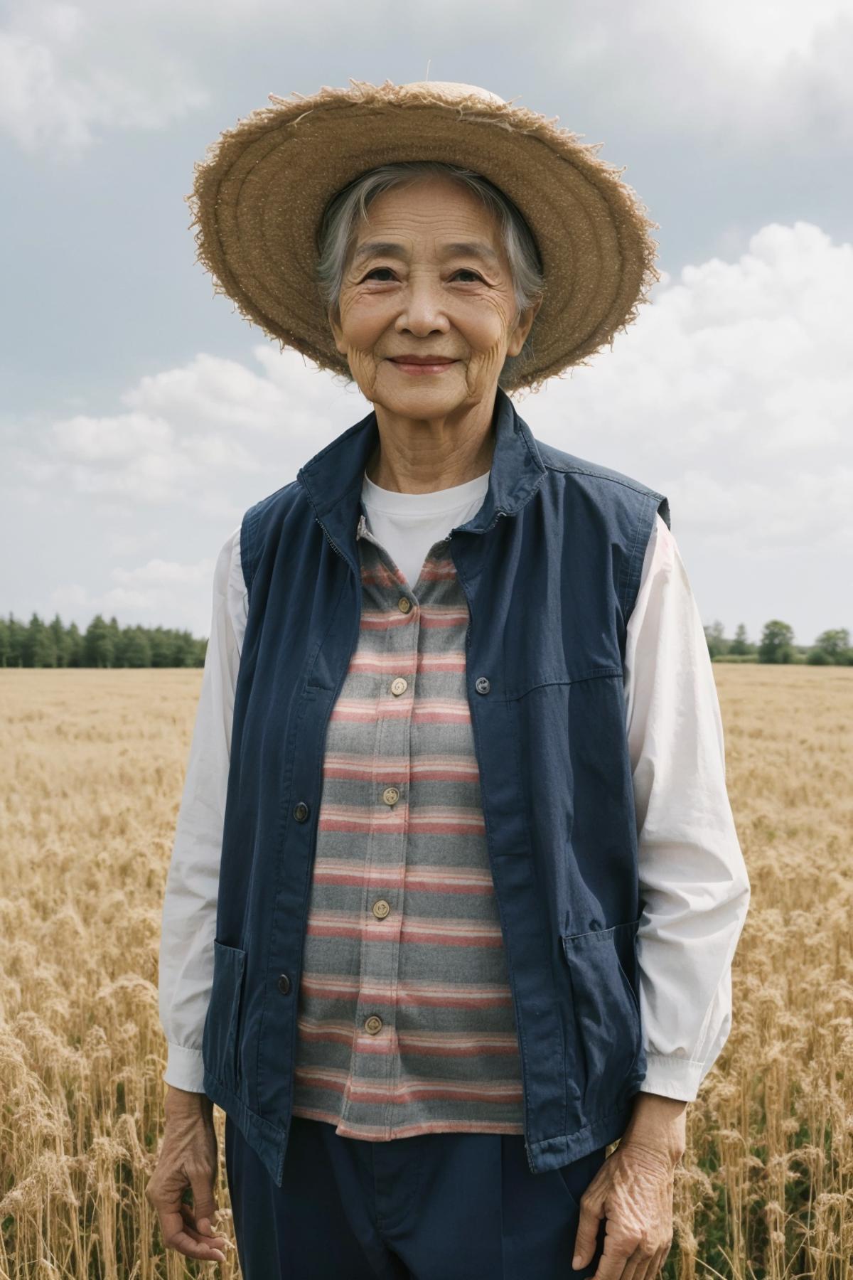 An older woman wearing a blue vest and hat standing in a wheat field.