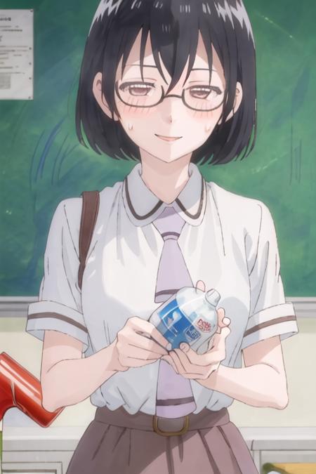 best quality, masterpiece, highres, solo, {kasumi_nomura_asobiasobase:1.15}, black_hair, glasses, short_hair, necktie, brown_eyes, 1girl, brown_skirt, school_uniform, shirt, short_sleeves, skirt, sweatdrop, white_shirt, bottle, holding, holding_bottle, indoors, open_mouth, purple_necktie, smile