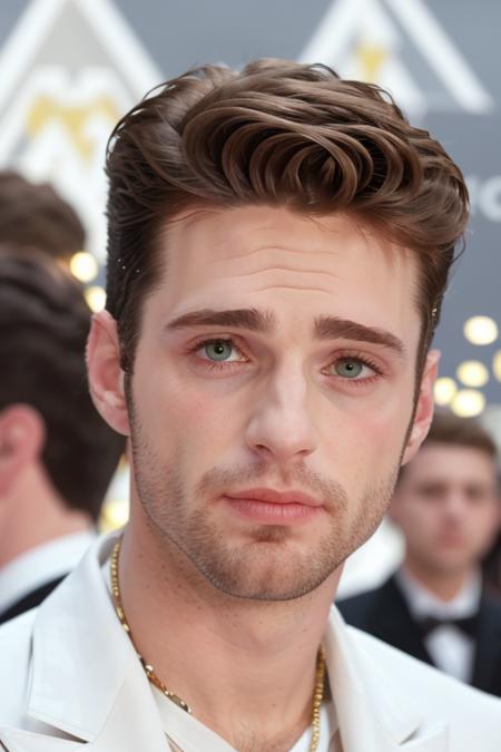 a man in a stunning white suit, at the crowded oscars party, people in the background, clean shaven, (close up, face), raw, 8k uhd  <lora:jasonPriestly:1>