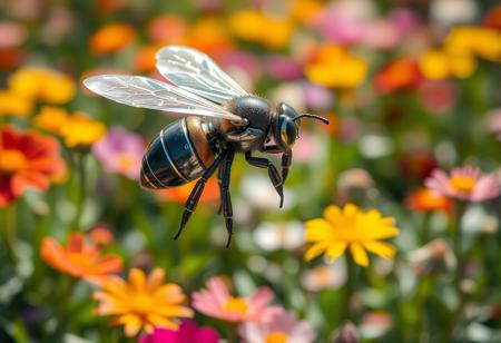 Imagine a close-up of a robotic bee hovering in mid-air, its delicate metal wings shimmering in the sunlight. Surrounding it is a vibrant garden filled with colorful flowers, each petal telling a story of life and beauty. The bee seems to dance gracefully, merging engineering precision with the elegance of nature. In this intersection of technology and the environment, we sense the human desire to harmonize innovation with the natural world.”