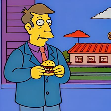 Portrait of Skinner eating a hamburger in his hands, <lora:Steamed_Hams_V0.1:0.8>, cartoon, 2d, stylised, outdoors, standing