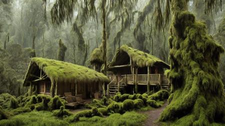 old hut(wood, mossy, chimney, light brown color), in the jungle surrounded by trees and