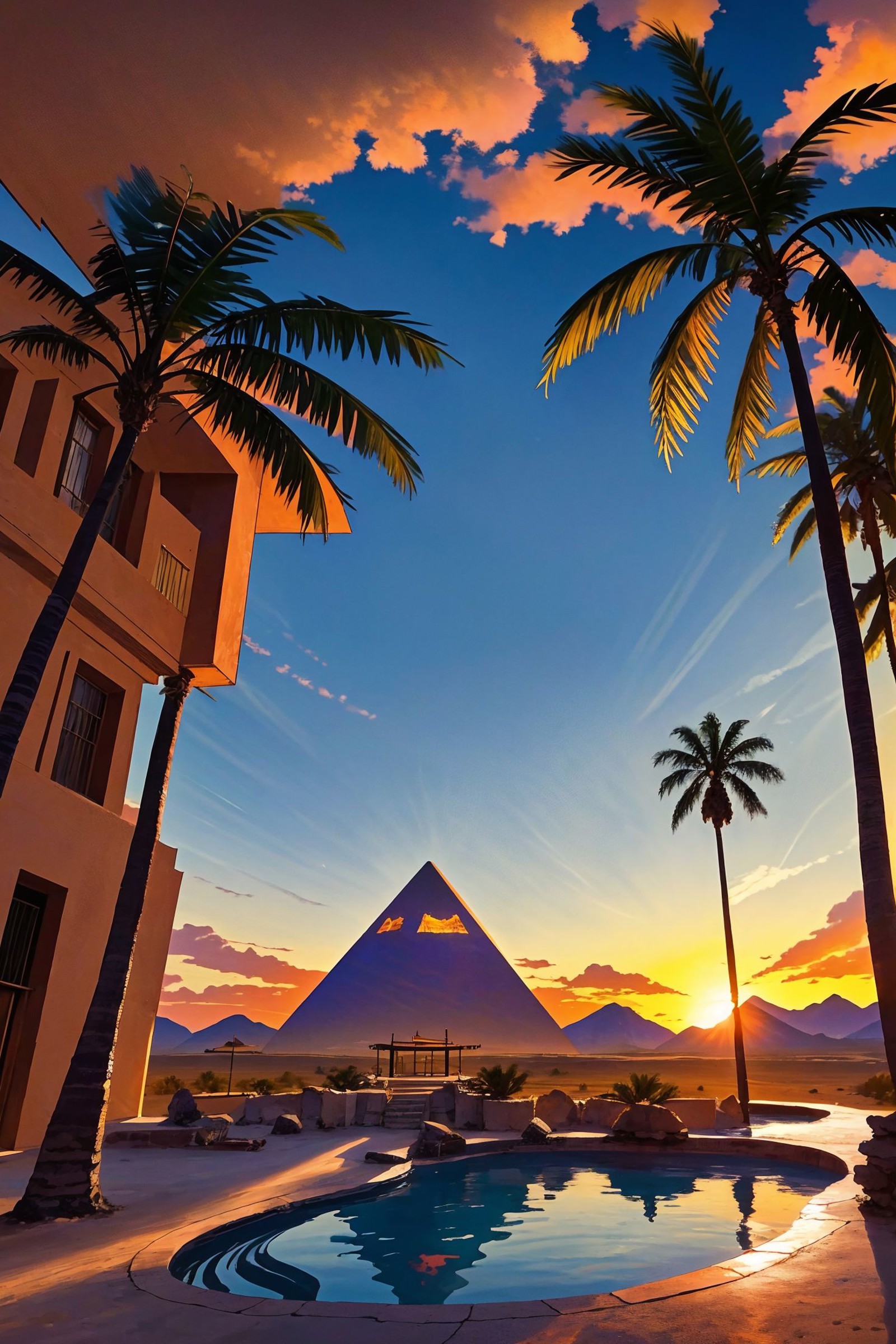 The image features a beautiful scene of a sunset over a large pyramid. The pyramid is situated in a desert landscape,with ...