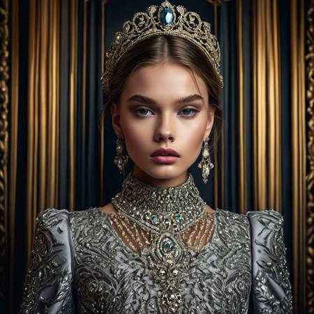A stunningly lifelike portrait captures a 18-year-old fashion model girl with beautiful European features. She is adorned in a high-end fashion outfit, set against a dramatic background. The image, exudes cinematic colors and a photographic style. Every detail of her appearance is meticulously executed, showcasing her elegance and allure. The overall composition is a true masterpiece, elevating the beauty and sophistication of the nudity.