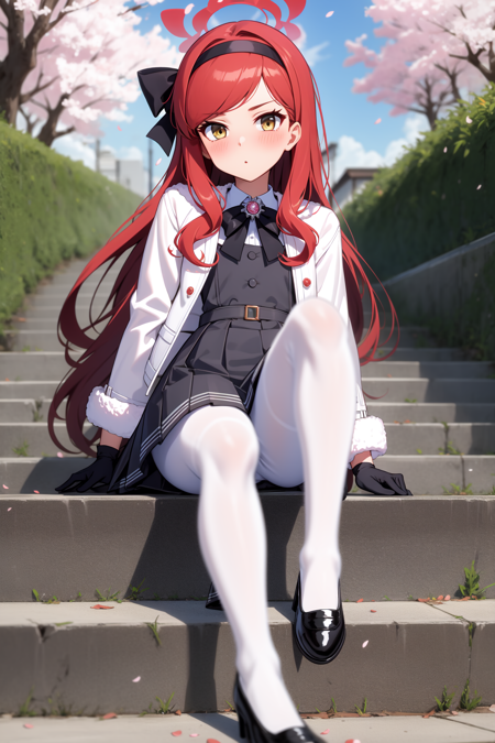 takane, yellow eyes, red hair, long hair, halo, black hairband, black bow, hair bow white jacket, fur-trimmed jacket, long sleeves, gloves, grey dress, pinafore dress, black bowtie, white pantyhose, black shoes