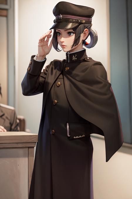 (masterpiece, best quality:1.2), <lora:gaa_susato-10:0.8>, cowboy shot, solo, 1girl, susato mikotoba, expressionless, looking afar, black headwear, hat, black military uniform, black gakuran, black cape, courtroom