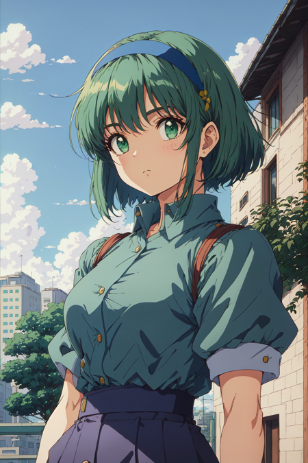 1girl, blue background, buttons, closed mouth, green eyes, hairband, looking at viewer, mj manga, official style, outdoors, plant, retro artstyle, shirt, short hair, sky, upper body<lora:MjManga:0.8>