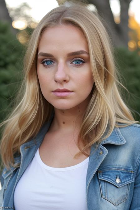 RAW, s0f1g, perfect face, stunning eyes, upper body, blonde, sfw, in a jacket, shirt, outside, no makeup, candid, 8k uhd