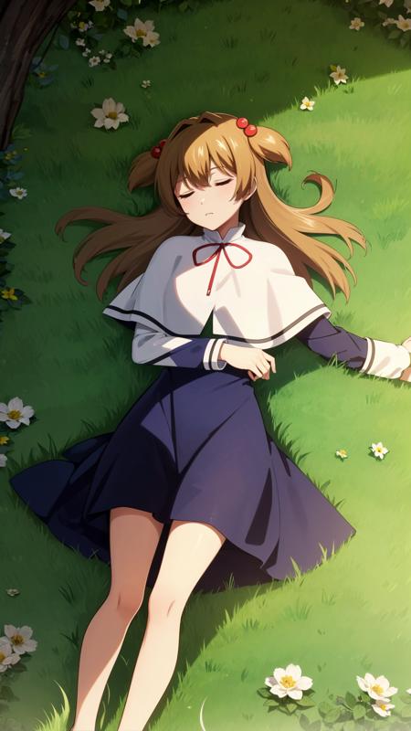 (masterpiece, best quality), ray tracing, absurdres,Jimeko-san, 1girl, solo, sleeping, two side up, hair ornament, school uniform, closed eyes, grass, hair bobbles, long hair, lying, brown hair, dress, on back, white capelet, capelet, blue dress, <lora:Jimeko-san_v2:0.8>