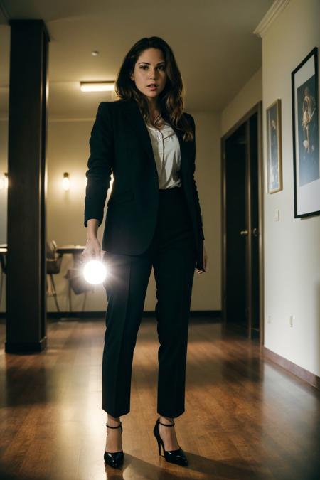 (masterpiece, best quality:1.3), modernist photo of gabriellahall, standing in a room at night, wearing business suit, scared face, holding a flashlight in hand,  [shadow play], 50mm lens, ARRI ALEXA 65  <lora:GabriellaHallv2:0.95>