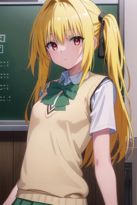 toloveruyami, <lora:yami darkness-lora-nochekaiser:1>, 
yami, (yellow hair:1.5), long hair, (red eyes:1.5), (hair ornament:1.2), two side up, (small chest:1.2), 
BREAK school uniform, shirt, white shirt, bow, (green bow:1.5), skirt, (green skirt:1.2), pleated skirt, short skirt, sweater, (light brown sweater vest:1.5), short sleeves,
BREAK indoors, classroom,
BREAK looking at viewer, (cowboy shot:1.5),
BREAK <lyco:GoodHands-beta2:1>, (masterpiece:1.2), best quality, high resolution, unity 8k wallpaper, (illustration:0.8), (beautiful detailed eyes:1.6), extremely detailed face, perfect lighting, extremely detailed CG, (perfect hands, perfect anatomy),