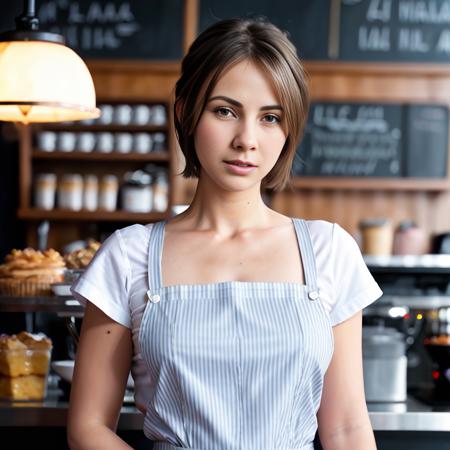 ((SFW)), RAW candid cinema of waitress, blouse, apron, (very short hair), full body shot, in cafe, (ultrarealistic), best quality, extremely detailed, cinematic lighting, conysv2-10000