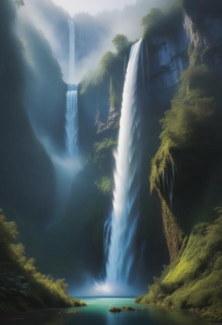 (surreal_waterfall:1.4), glowing_water_core, liquid_abstract_art,  
ethereal_glow, floating_crystals, foggy_mountains, (enigmatic_shadows:1.1),  
vibrant_ecosystem, depth_of_field, (mystical_essence:1.2),  
<lora:dreamlike_realism:0.8>,
