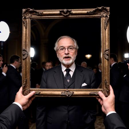 wide angle photo of a ceremonial reveal of an intricate ( ornate Roaring Twenties museum piece) on a pedestal, consisting of reflective mirrors, in front of press photographers, (close up of an old grey man in a suit who looks utterly astonished and shocked), on a red carpet at the louvre in Paris, (bright camera flashlight photography:1.2),  (hard shadows, pitch black background, unlit,  dark theme, dim lighting, deep contrast), (background in focus), (motion blur, lens blur, out of focus:1.1)