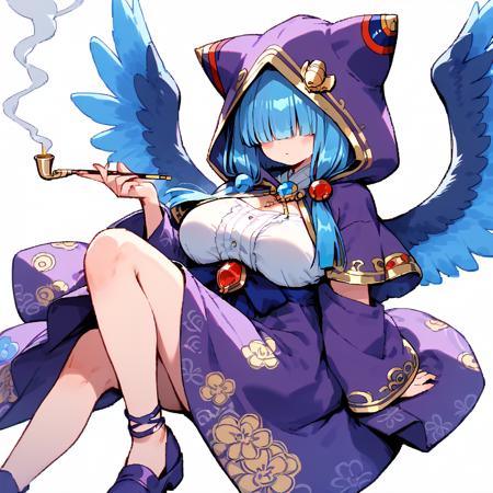 mahoko, blue hair, wings, hood, hair over eyes, hood up, capelet, gem, purple footwear, blunt bangs