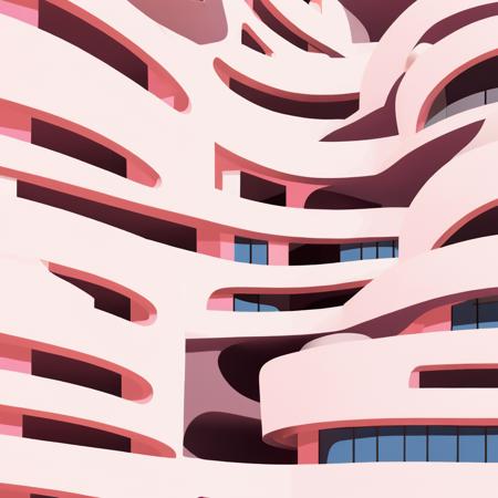 Abstract residential building, contemporary curvy architecture design, minimal design, modern illustration style, vibrant and contrasting colors with clean lines, flat shade, blind facade, pale colors <lora:Flat-XL:0.75>  <lora:FormFinder-XL_v2:0.5>