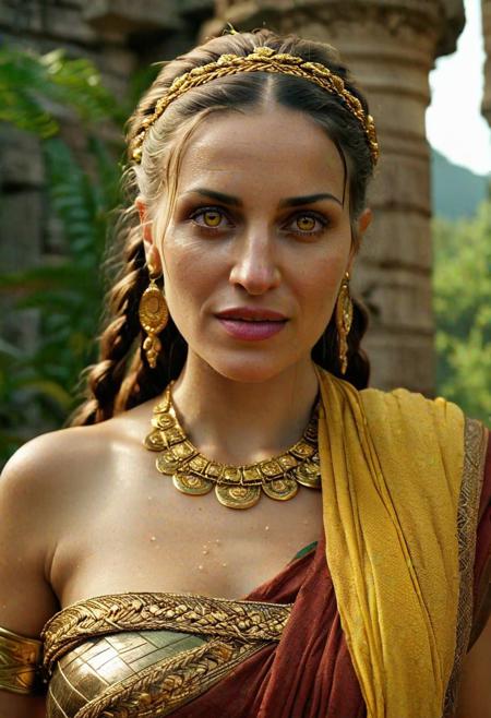 style: photorealistic, 
highly detailed, 
high resolution, 
a malicious amazon woman wearing an antique long roman toga with golden applications, 
(in her late 40s:3),
(plump:3), 
evil and dismissive smiling, 
glowing yellow dragon eyes, 
extravagant colored hair with long braids, 
strong wrinkles, 
stretch marks, 
cellulite,
(looking at camera:2.5)
standing proudly in a large rain forest with ruines of ancient greek buidlings, 
the scenerie is full of very warm light and colors
<lora:WildcardX-XL-Detail-Enhancer:1.5>