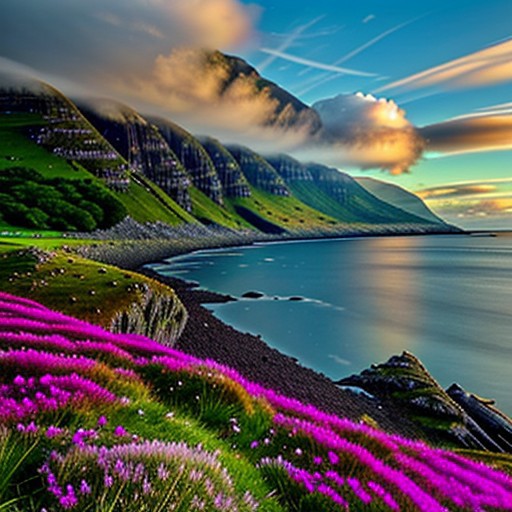 coastal scotland landscape background, Clover, bunch grass, large Crystals, crags, clouds