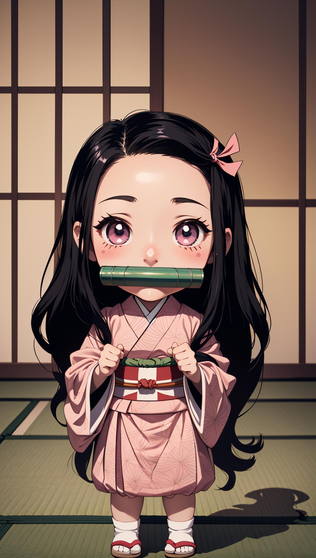 A young girl in a pink kimono holding a green book.