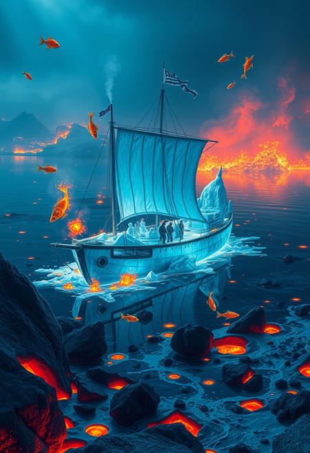 magma lake, heat, flames, lava, BLUE ICE ship, MELTING PARTS, The crew is a group of snowmen, a ship that is made out of ICE, the ship is forming out of a wavE OF STEAM very surrealistic in another universe, unrealistic, SAILING IN A SEA OF MAGMA, fire fishs jumping from the magma, rocks, melt