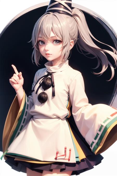 masterpiece, best quality, <lora:mononobenofuto:1>,1girl,mononobe no futo, hat,long hair,grey hair, ponytail, grey eyes, shirt,skirt,ribbon,japanese clothes,wide sleeves, long sleeves, grey background,