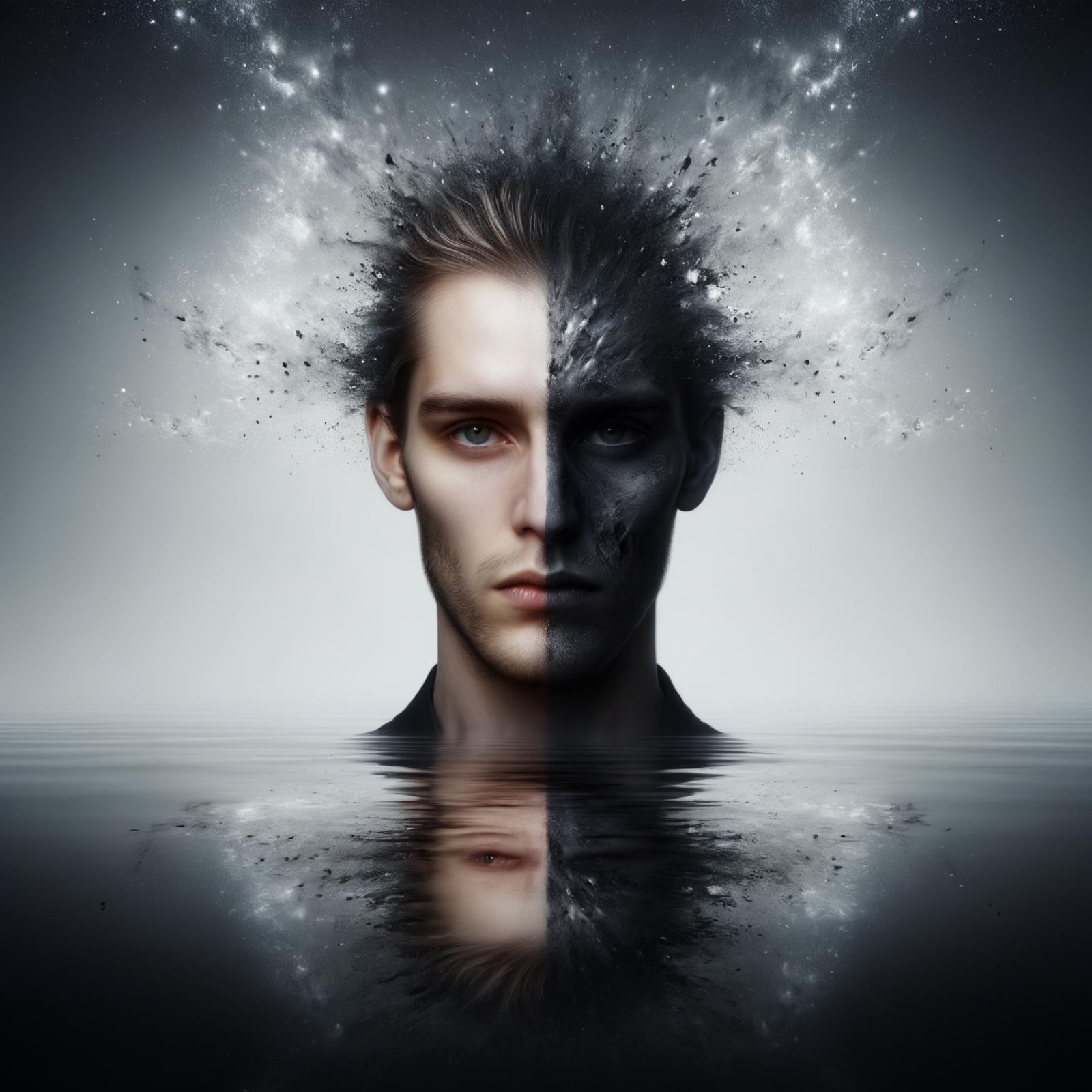 A man's face is split in two, with one half showing a dark and evil side while the other half shows a more positive and light side. The image is set in a black and white background with a reflection of the man in the water.