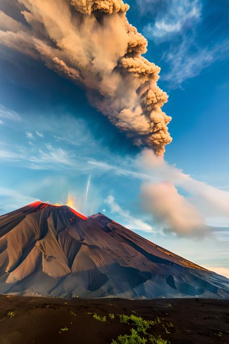 a volcano erupts lapilli and smoke. Lava descends on the slopes of the volcano and submerges houses