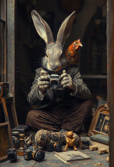 By Saul Leiter. an anthropomorphic evil rabbit in a ragged suit sat in a dark, shabby tailor's shop pointing a vintage Hasselblad camera at the viewer. On his shoulder is a chicken. The rabbit's fur is matted and rough. Its eyes are scary. The rabbit, chicken and the camera are all pointing forward to the viewer. On the floor are vintage cameras, books, picture frames and children's wooden toys.