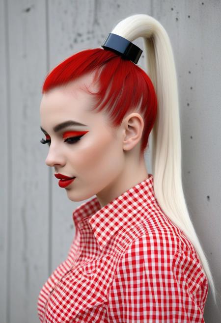 The image is a photograph of a young woman with a playful, whimsical style. She has a light skin tone and is wearing a bold, fashion-forward outfit. Her hair is styled in two high buns, secured with black hair clips. She winks at the camera, adding a playful element to her expression.
She is dressed in a red and white gingham checkered shirt with long sleeves, which is buttoned up to the top button.
The image is a high-fashion photograph featuring a young woman with an avant-garde hairstyle and makeup. She has a striking, asymmetrical hairstyle where one side of her head is styled with a sleek, high ponytail that features a dramatic, vibrant red extension with long, pointed ends, resembling a futuristic or avant-garde hairpiece. The other side of her head is styled in a more natural, sleek manner.
The image is a photograph of a woman walking outdoors against a plain, rough-textured, concrete wall. She is captured in profile, facing slightly to the left. She has long, straight, platinum blonde hair styled in a single, thick braid that extends down her back. Her hair is styled in a neat, symmetrical braid, adding a touch of elegance to her appearance.