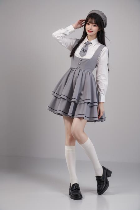 best quality, quality, masterpiece, photorealistic, 1girl, solo, standing, long black hair, straight hair, blunt bangs, looking at viewer, smile, full body, cyb dress, cyb shirt, cyb skirt, necktie, suspender skirt, suspenders, hat, kneehighs, shoes, simple background, <lora:dating_attire_style4_v1:0.65>