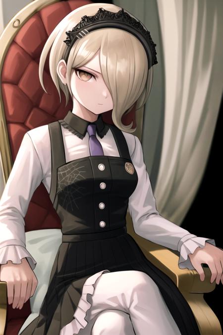 masterpiece, best quality, highres, <lora:kirumidg:1>, kirumidg, hair over one eye, necktie, shirt, dress, closed mouth, long sleeves, looking at viewer, sitting on throne, throne, crossed legs,