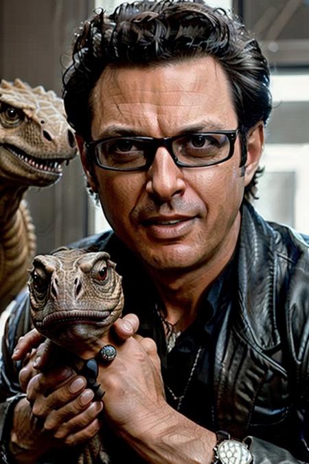 Jeff, glasses, half body, holding a dinosaur pet, photography, trending on artstation, sharp focus, studio photo, intricate details, highly detailed, by greg rutkowski   <lora:Jeff:0.7>