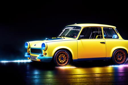 masterpiece,best quality,official art,extremely detailed CG unity 8k wallpaper,illustration, ((TUNED RALLY car)), bright, sports car, vehicle focus, road, ((need for speed)),((NFS)), moving, wet, (((NIGHT))),neon lights,drift,  <lora:TRABANT:0.8>, (TRABANT)