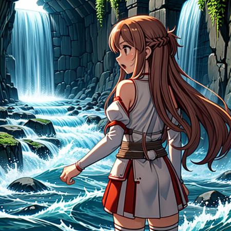 <lora:LCM_LoRA_Weights_SD15:1>,masterpiece,best quality,highly detailed,1girl,solo,
<lora:asuna_(sao)_v1:0.7>,aaasuna,long hair,brown hair,braid,brown eyes,bare shoulders,armor,breastplate,white sleeves,detached sleeves,red skirt,pleated skirt,white thighhighs,
BREAK
<lora:waterDungeon2:0.4>,waterDisturb,submerged path in water,looking afar,from behind,surprised,sweat,sweatdrop,wide-eyed,open mouth,waves,waterfall,flood, stairs, stone wall, entrance in background,