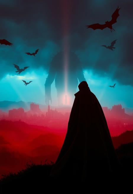 n1ghtm@r3, strange city in the distance, light rays, cape, landscape, fog, red theme, monster silhouette in background, flying beasts. stormy weather
