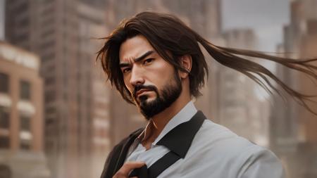 RAW photo,frowning，A neat blazer and a nice beard，best quality, adult, brown hair, , standing, dynamic pose, outdoors, city background,8k uhd, dslr, soft lighting, high quality, film grain,ow hanzo <lora:hanzo_vita:1>