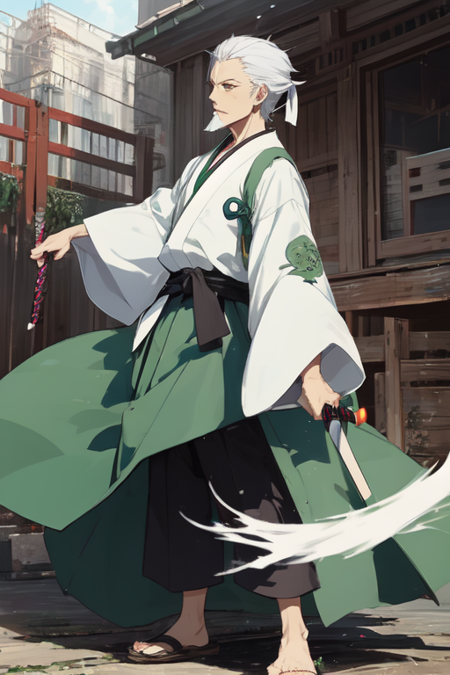 konpaku_youki solo, 1boy, male_focus, long_hair, blue_eyes, green_vest, whirt_shirt, long_sleeves, wide_sleeves, ponytail, hair_ribbon, hakama_skirt, green_hakama, sword, katana, sheath, sheathed, seven_katana, ghost, 