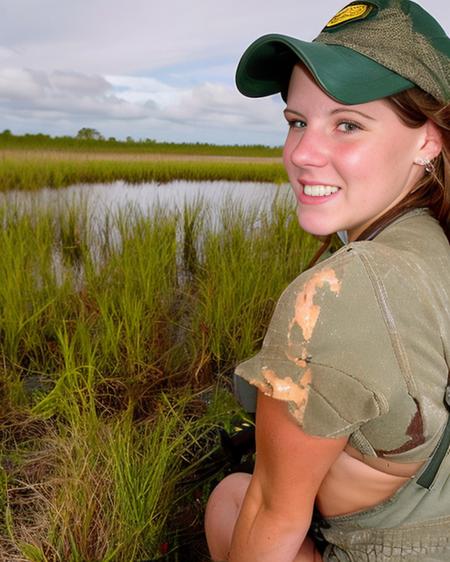 woman sitting on an airboat wearing coveralls in the everglades, close up <lora:gtm_only_e04_v01:0.95>, best quality, high quality, high-definition, extremely detailed, High detail RAW color photo professional, textured skin, goosebumps, bright eyes