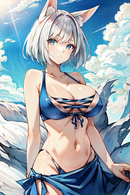 <lora:kaga_everlasting_killing_stone-09:0.8>kaga(everlasting killing stone), solo, white tail, white hair, swimsuit, outdoors, navel, blue eyes, fox ears, large breasts, tail, fox girl, short hair, animal ear fluff, cloud, multiple tails, sky, day, sarong, cleavage, blue sky, looking at viewer, blue bikini, fox tail, animal ears, bikini, 1girl