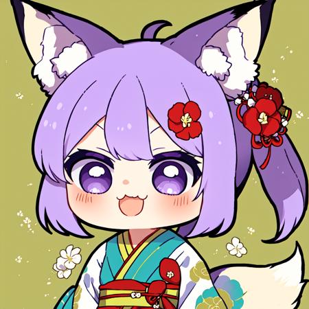 (masterpiece:1,2), best quality,none,
1girl, animal ears, solo, tail, fox ears, japanese clothes, fox tail, hair ornament, purple hair, smile, flower, hair flower, long hair, fox shadow puppet, breasts, obi, sash, blush, fox girl, animal ear fluff, floral print, looking at viewer, ponytail, wide sleeves
 <lora:Chibi_kawai:1>