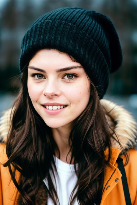 RAW photo of (bomaerten_v2c:0.99), smile, happy, closeup portrait, (faux fur-lined parka with skinny jeans and beanie), (analog, film, film grain:1.3), ((detailed eyes)), (simple dark background)