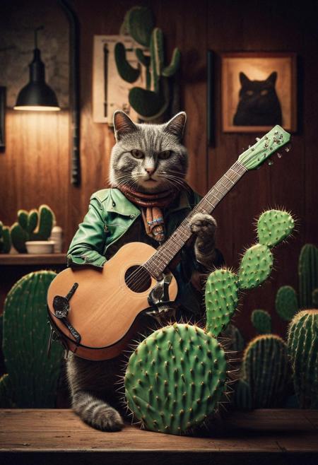 Product photo, a cat as a cowboy, coyboy gear, holding a cactus guitar, dramatic lighting, spotlight, in a bar, detailed, polaroid photo