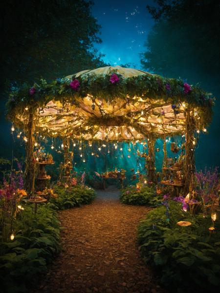 An image of a fairy market,as imagined from our conversation. This market is a whimsical and enchanting place,filled with vibrant colors and magical energy. The stalls are crafted from natural materials  leaves,flowers,and vines,blending seamlessly into the surrounding enchanted forest. The vendors are fairies,each with their unique appearance,selling a variety of magical items,from glowing potions and enchanted jewelry to mystical artifacts and rare ingredients. The air is filled with the soft glow of fairy lights,the tinkling of delicate music,and the flutter of fairy wings. The atmosphere is joyful and lively,with fairies and other mystical creatures mingling and trading in good spirits. The background is a lush,magical forest,with towering trees and a canopy that filters the sunlight into a kaleidoscope of colors,creating a dreamlike and otherworldly ambiance,