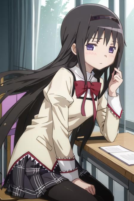 best quality, masterpiece, highres, solo, {akemi_homura_puellamagimadokamagica:1.15}, black_hair, long_hair, hairband, purple_eyes, blush, 1girl, bow, looking_at_viewer, mitakihara_school_uniform, school_uniform