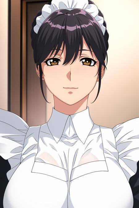 Simple White Background,
maid, maid apron, maid headdress,
<lora:Akie_Yukimura_MaidAne-KK77-V1:0.7>,
Black_hair,brown eyes, Hair_bun,Bangs,
<lora:Oda_Non_Style-KK77-V2:0.3>,<lora:more_details:0.1>,
1 girl, 20yo,Young female,Beautiful Finger,Beautiful long legs,Beautiful body,
Beautiful Nose,Beautiful character design, perfect eyes, perfect face,expressive eyes,perfect balance,
looking at viewer,(Focus on her face),closed mouth, (innocent_big_eyes:1.0),(Light_Smile:0.3),
official art,extremely detailed CG unity 8k wallpaper, perfect lighting,Colorful, Bright_Front_face_Lighting,White skin,
(masterpiece:1.0),(best_quality:1.0), ultra high res,4K,ultra-detailed,
photography, 8K, HDR, highres, absurdres:1.2, Kodak portra 400, film grain, blurry background, bokeh:1.2, lens flare, (vibrant_color:1.2),professional photograph,
(Beautiful,large_Breasts:1.4), (beautiful_face:1.5),(narrow_waist),