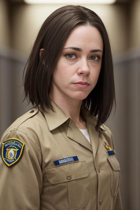 realistic Men's Journal portrait photo of (c453y4nth0ny-neutral3:1.0) with a long Bob hair posing as a glamour model in prison guard uniform, sharp focus, skin texture, light bokeh