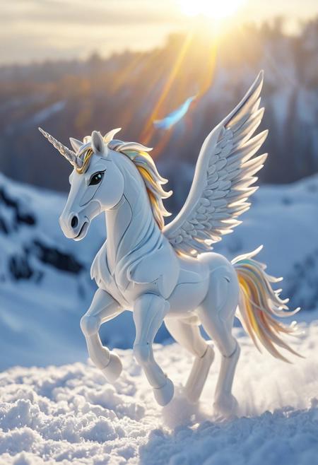 A unicorn Made with Plastic Toys  , Flying in the sky, flying:1.4
,fiery colors, deep white, electric black, molten sliver edges, magic aura on legs, 
, wings spread wide, leaving a trail of glowing energy wave, 
snow, 
city, day time, sun ,
dramatic backlight, high contrast,
,cinematic lighting, ultra-detailed, photorealistic, trending on ArtStation, 8K, masterpiece, octane render, 
novuschroma53 style,