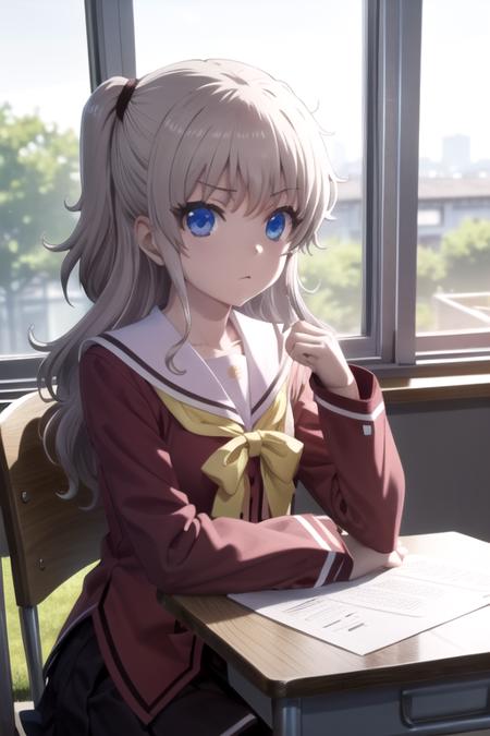 (((picture perfect))), (absurdres), 1girl, solo, <lora:nao:0.8>, nao tomori, school uniform, serafuku, red shirt, looking at viewer, classroom, window, light leaks