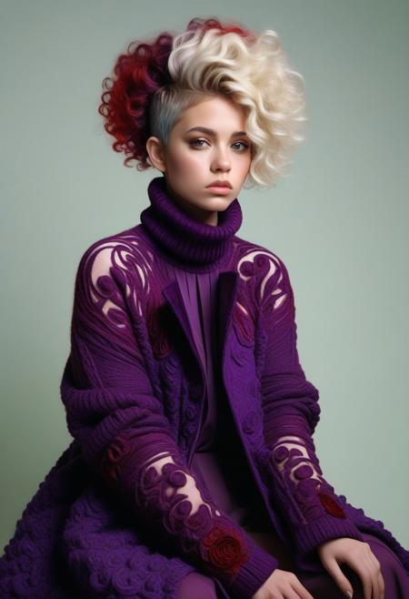 The image is a high-resolution photograph featuring a young woman with a distinctive hairstyle and attire. The subject has short, curly hair that is a mix of natural blonde and dyed green, with the green color predominantly at the roots and fading into the blonde ends. The person's skin tone is fair, and they have a round face with a slightly pensive expression. They are wearing a chunky, knitted sweater with a high neck. The image is a high-resolution photograph featuring a woman seated on the floor against a plain, light-colored background. She is dressed in an elaborate, luxurious coat that appears to be made of velvet in a rich, deep purple color. The coat is adorned with intricate, white, ornate embroidery that features swirling patterns and floral designs, giving it an opulent and vintage-inspired aesthetic. The image is a high-resolution photograph featuring a young woman with an avant-garde hairstyle and outfit. She has a striking, voluminous hairstyle with a mix of curly hair in shades of purple and red, styled in a voluminous, asymmetrical fashion, with some strands cascading down her face and neck. Her hair is styled in a way that resembles a modern art installation, with a mix of vibrant colors and natural texture.